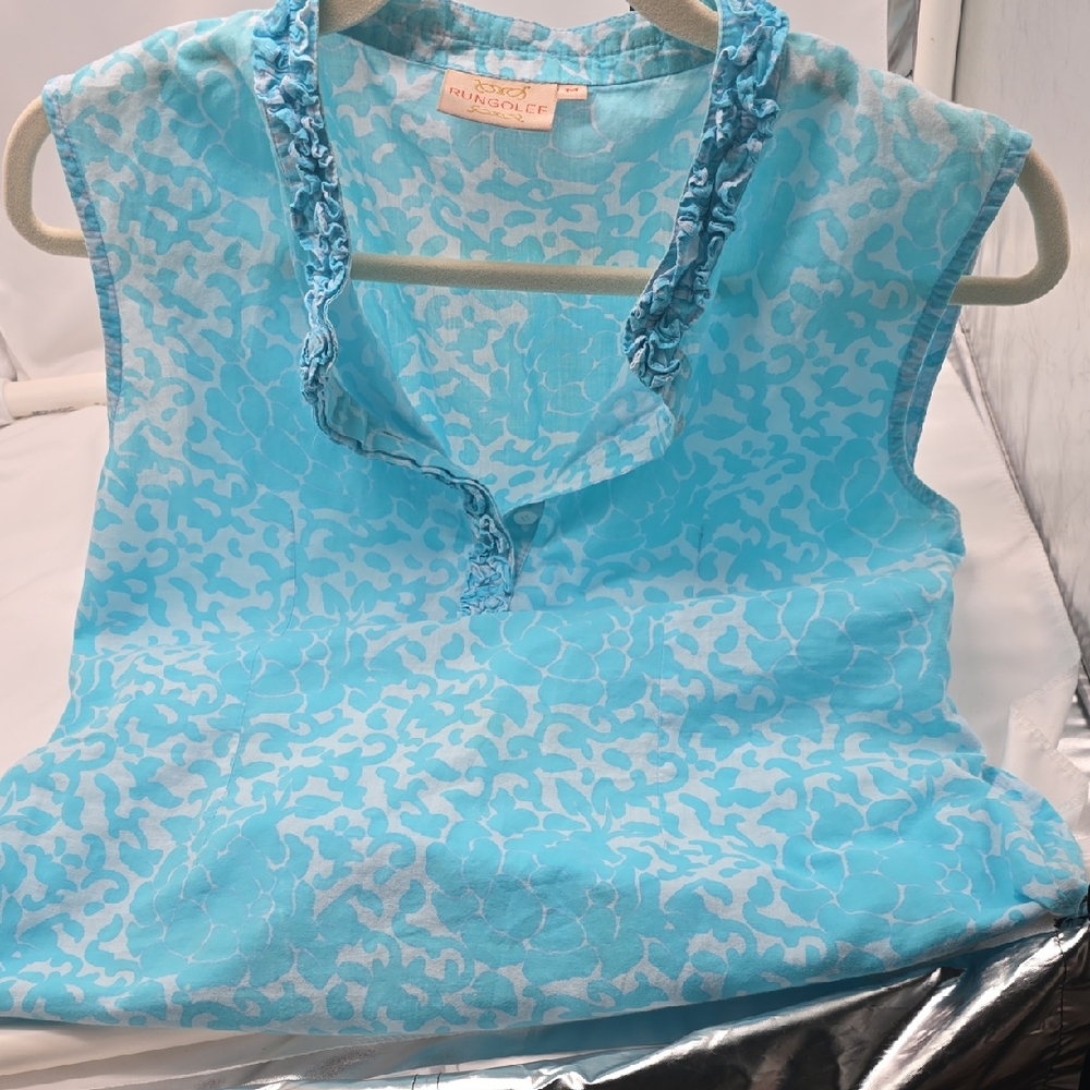 Rungolee Size Medium Tunic Sleevless Ruffle Front Turqoise And White